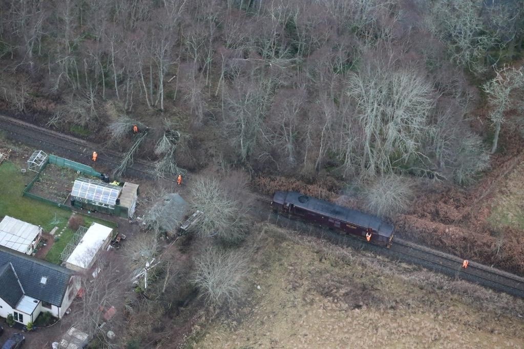 Engineers work to clear fallen trees at Dingwall, Scotland after a storm: Offering Rail Better Infomation Service (ORBIS) tree database