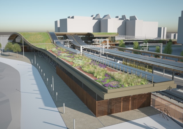 Cambridge South station visualisation green roof: Cambridge South station visualisation green roof