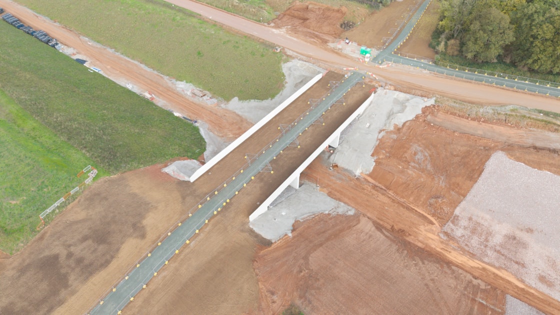 Aerial view of the Offchurch Greenway bridge Oct 2025