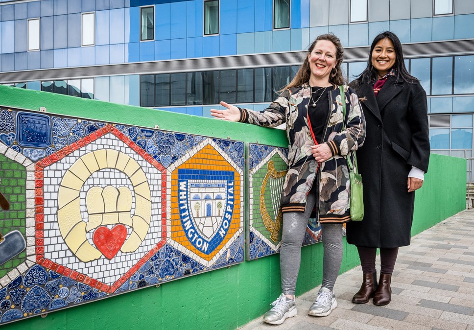 Cllr Roulin Khondoker and artist Maud Milton at Navigator Square - Irish mosaic