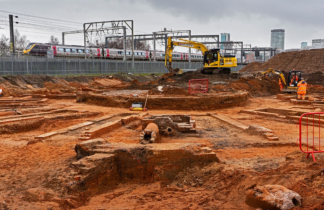 Curzon Street Roundhouse April 2020: Credit: McAuliffe/ Jeremy de Souza

HS2 Ltd has unearthed what is thought to be the world's oldest railway roundhouse at the construction site of its Birmingham Curzon Street station

(Curzon Street, Curzon, Birmingham, Phase One, railway, archaeology, remains, history, historic, turntable, roundhouse, locomotive, old station)

Internal Asset No. 15295