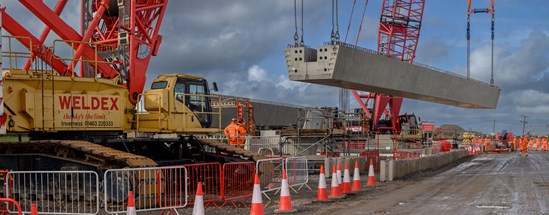 First massive ‘Lego block’ beams lifted for HS2’s pioneering Thame Valley Viaduct: Thame Valley Viaduct beam lift wide angle Oct 2023