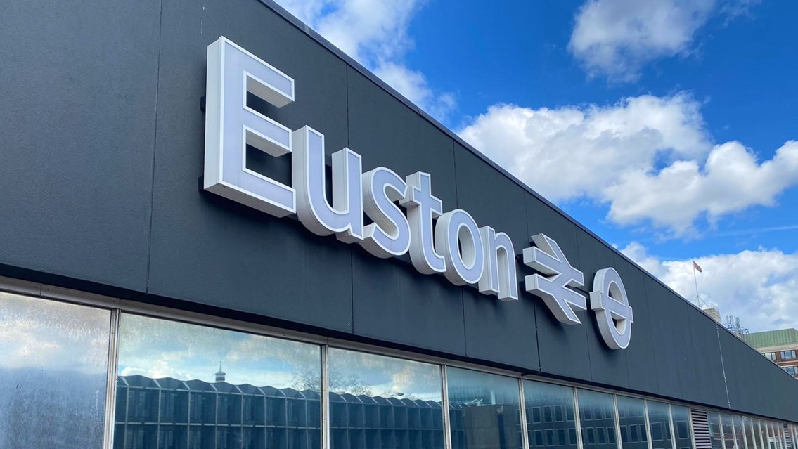 All trains in and out of London Euston suspended by Storm Eunice: Euston station sign April 2021