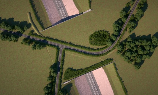 CGI showing birds eye view of the road layout on top of the Turweston green bridge: CGI showing birds eye view of the road layout on top of the Turweston green bridge