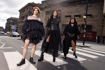 Models (L-R)  Joshua Cairns, Grace Dempsey and Shannon Summers arrive at the National Museum of Scotland ahead of the opening of Beyond the Little Black Dress on  Saturday (1 July). The exhibition deconstructs an iconic wardrobe staple, examining the radical power of the colour black in fashion. Image copyright Duncan McGlynn.-2