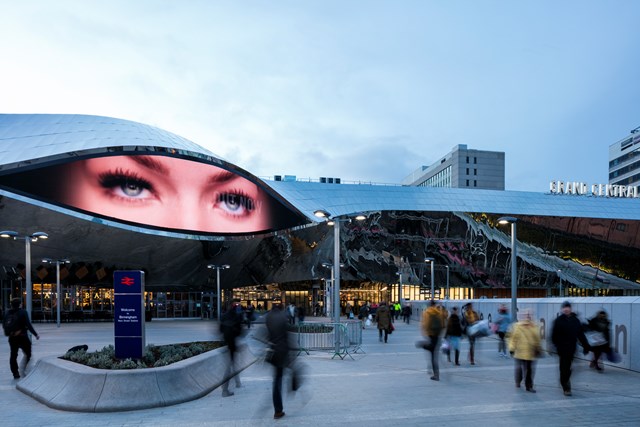 Birmingham New Street and Grand Central - media eye at dusk