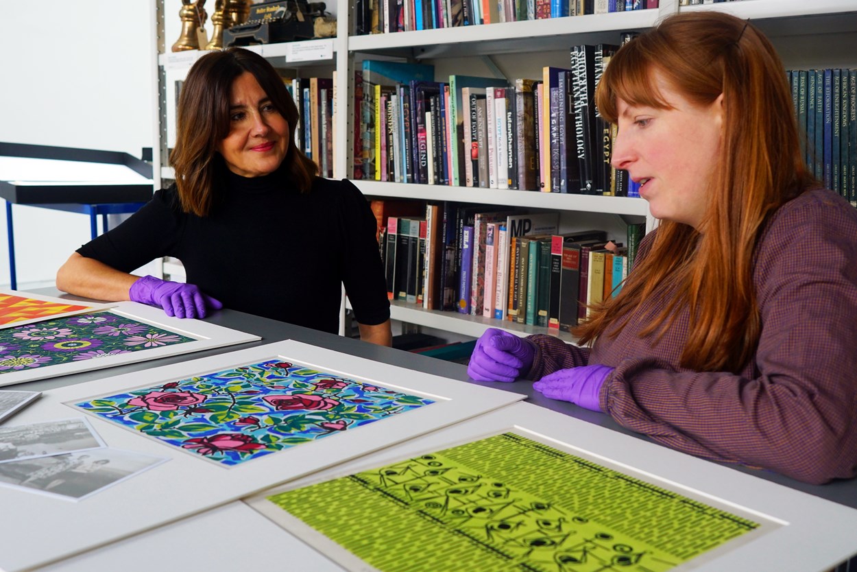 Bownas archive: L-R Rugby-based gallery professional Chelsea Cefai and Natalie Raw, Leeds Museums and Galleries curator of dress and textiles with the Sheila Bownas collection.