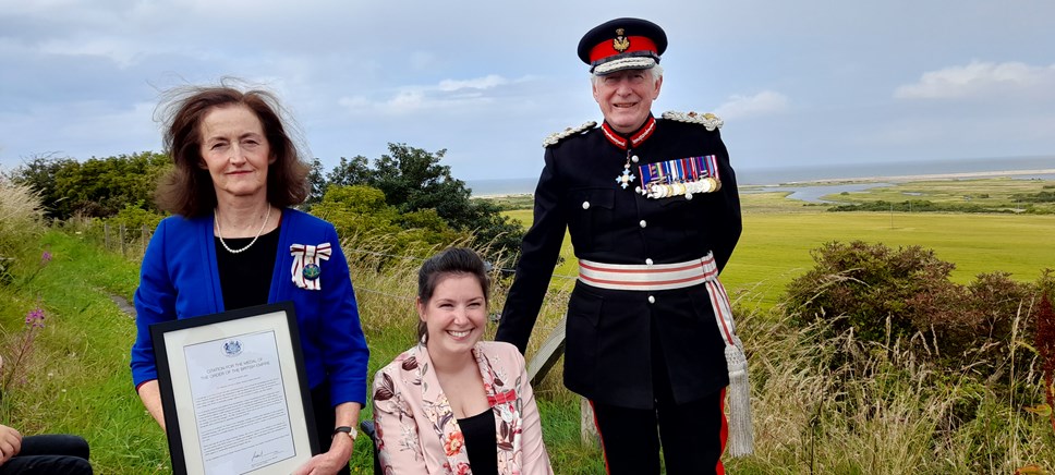 Lucy Smith, BEM, with Moray’s Lord-Lieutenant, Major General Seymour Monro, and Vice Lord-Lieutenant, Nancy Robson OBE.