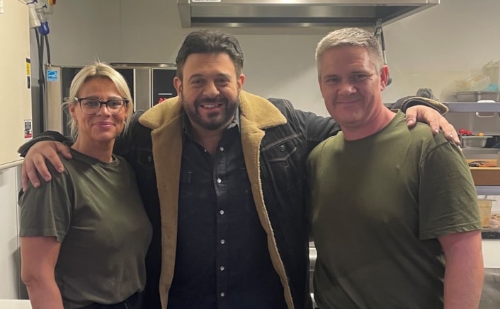 Market Kitchen 5: Man v. Food TV presenter Adam Richman (centre) with The Yorkshire Wrap Company's Victoria Bradbury and Michael Pratt.