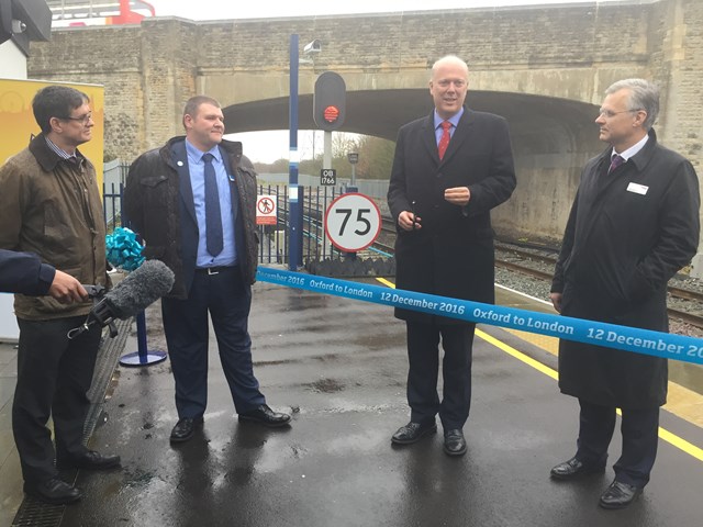 Officially opening the link between Oxford Parkway and Oxford - Martin Frobisher, Network Rail; Dave Penney, Chiltern Railways; Chris Grayling, secretary of state; Mark Carne, Network Rail