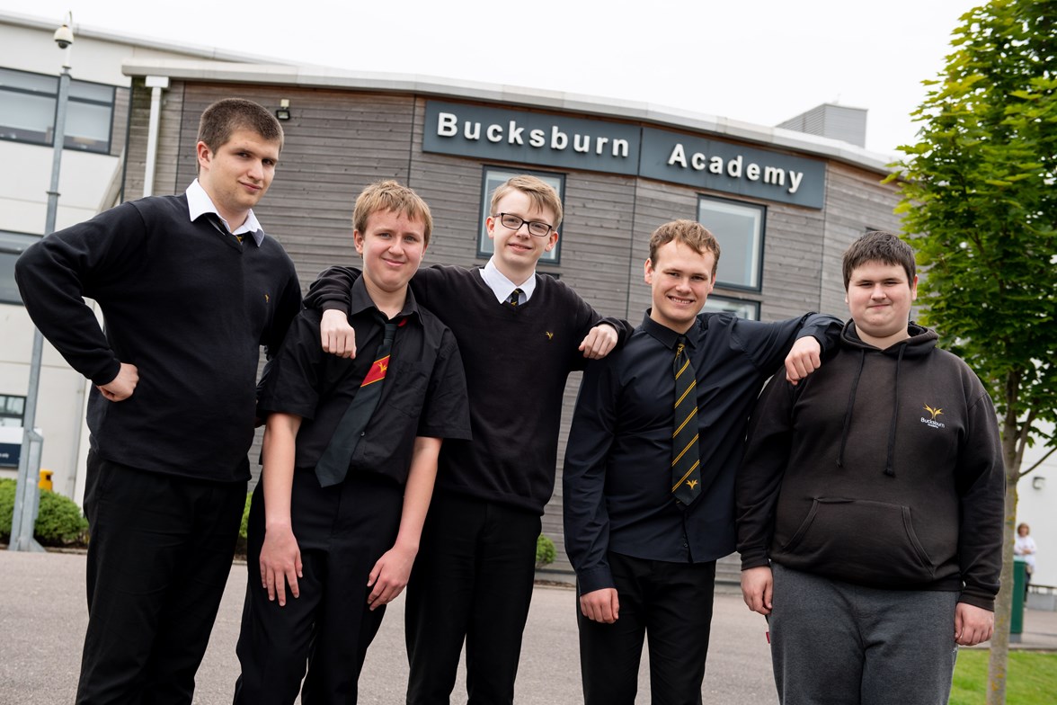 Film Comp Winners Bucksburn Academy, L-R Jason Cobb, Tyler Gowans, Stuart Barclay, Marco Jackson, Jack Milne