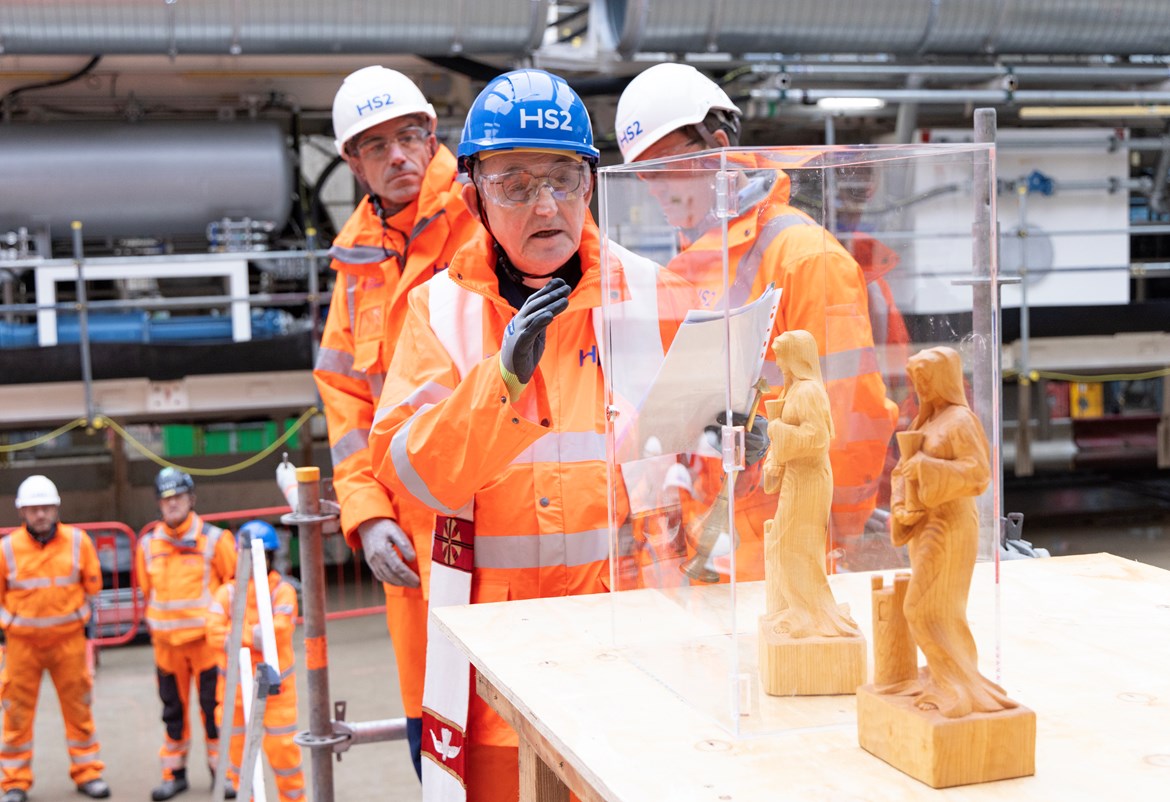 IN PICTURES: HS2’s next tunnel blessed by priest on Patron Saint of Tunnellers day: Father Timothy Gorham blesses statues of the Patron St of Tunnellers and Miners, St Barbara, on her patron saint day
