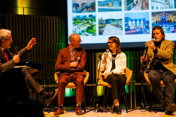 Panel: A panel discussion at the Leeds Architecture Awards. Left to right, event host Andrew Edwards with judges Robert Evans, Natalia Maximova and Charles Campion. Credit: Paul and Tim Photographers.