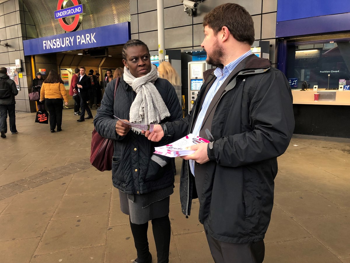 Cllr Andy Hull leaftleting in Finsbury Park