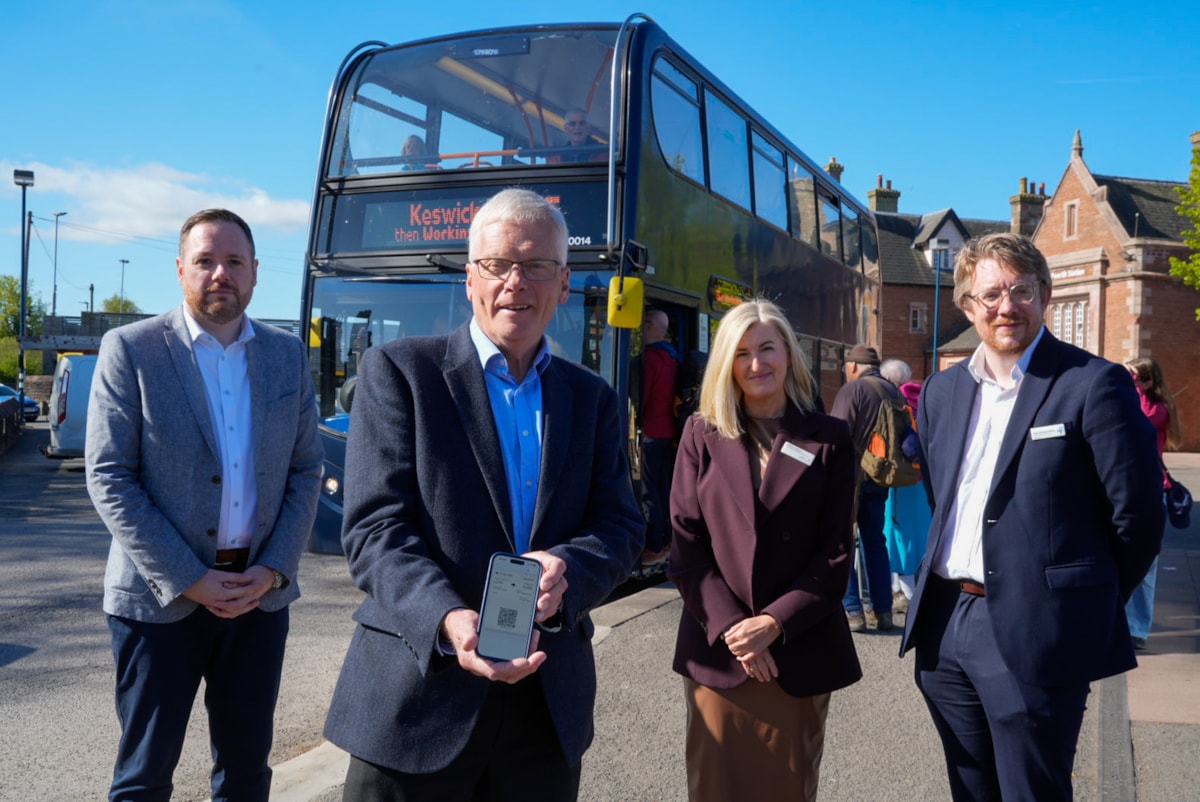 Left to Right: Tom Waterhouse (Stagecoach Cumbria and Lancashire Managing Director), Jim Walker (President, Cumbria Tourism), Kathryn O'Brien (Customer Experience Director at Avanti West Coast, and Felix Shaw (Public Affairs and Policy Manager at TransPennine Express) relaunch the integrated rail an