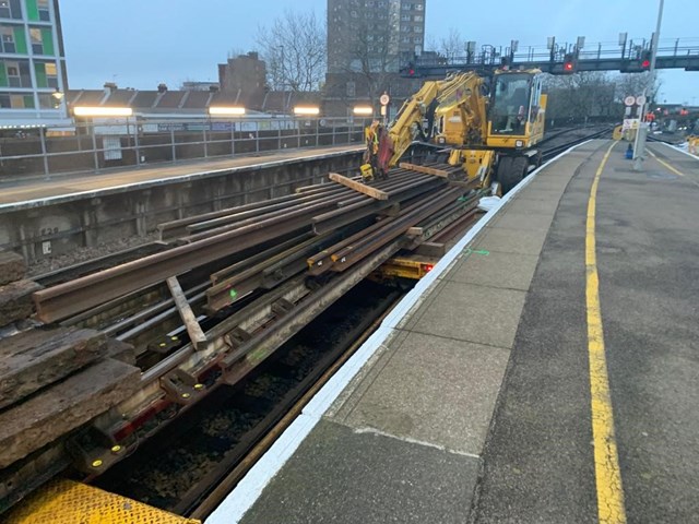 Network Rail completes improvements and vital maintenance during week-long closure in Portsmouth: RRV with scrap rail - Landport viaduct