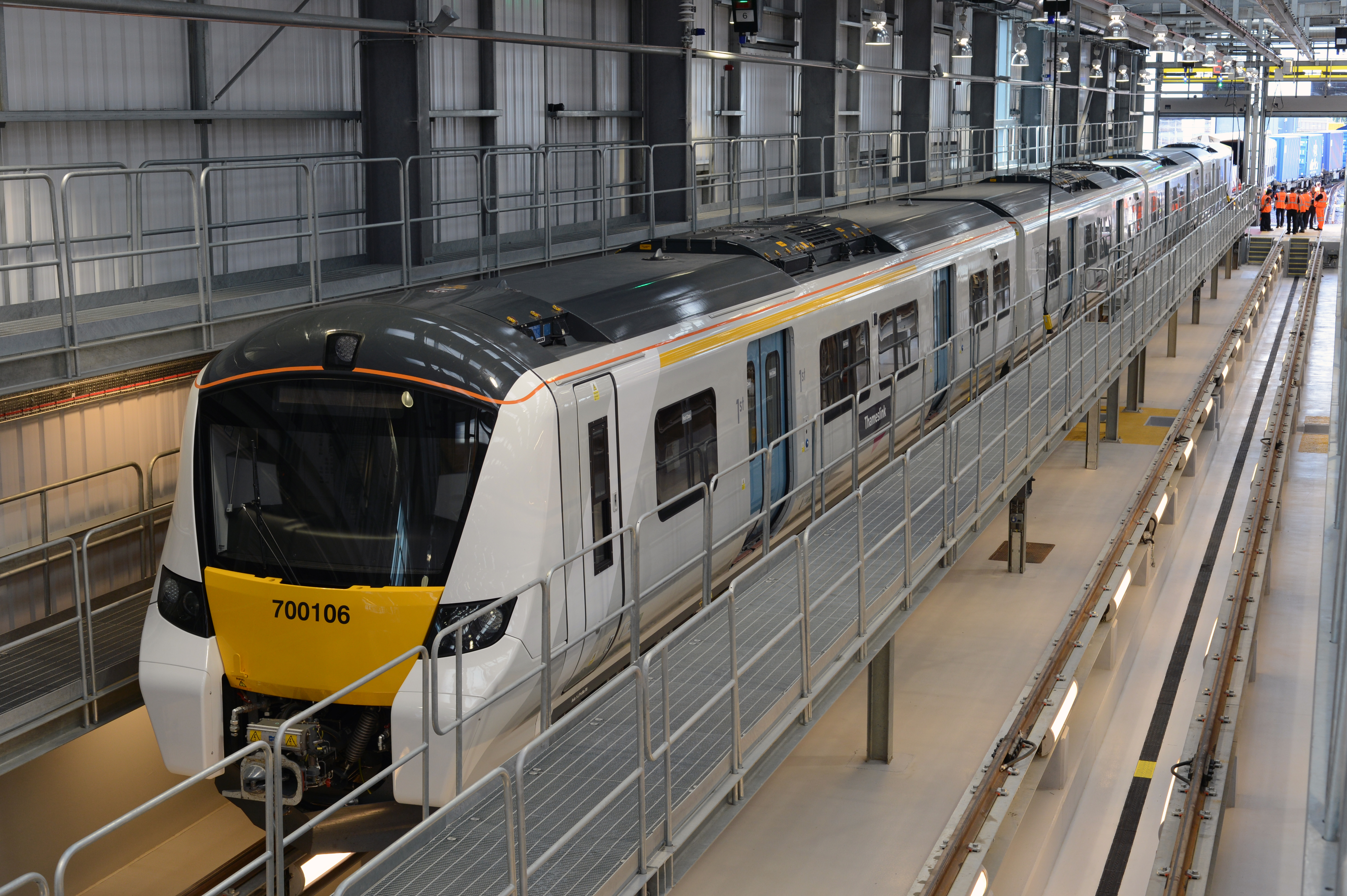 British Rail Class 700 022 (700/0, Unit Number 700022) Siemens Desiro City  Electric Multiple Unit (EMU) train. At London St Pancras International  station, on Govia Thameslink Railway (GTR) Thameslink service 9P59, the