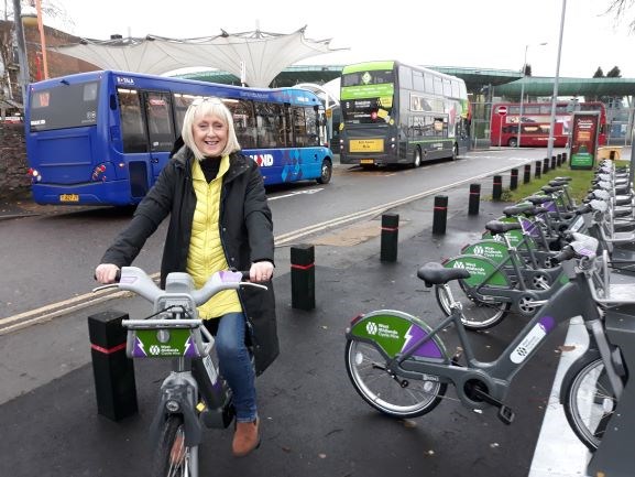 Cllr Karen Shakespeare with new ebikes at Stourbridge Interchange small