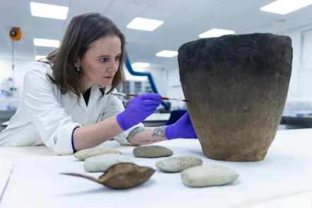 National Museums Scotland conservator Bethan Bryan works on the Bronze Age Achmore Vessel, 1000 - 500 BC. Image © Duncan McGlynn (2)