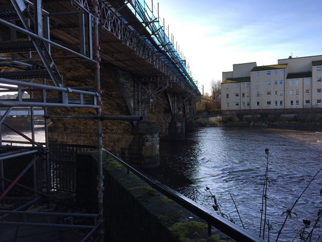 Scaffolding on Ayr Viaduct over river