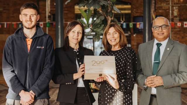 Time capsule marks 200 years of modern railway and looks to future: L-R Jack Rhodes, Emma Roberts, Heather Kelly and Baggy Shanker