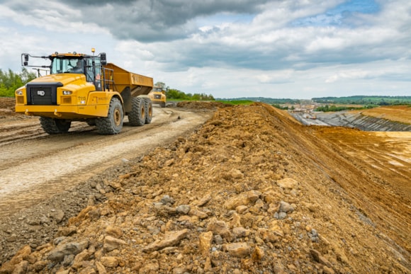 Articulated dumper truck on site during the construction of the Chipping Warden green tunnel May 2023