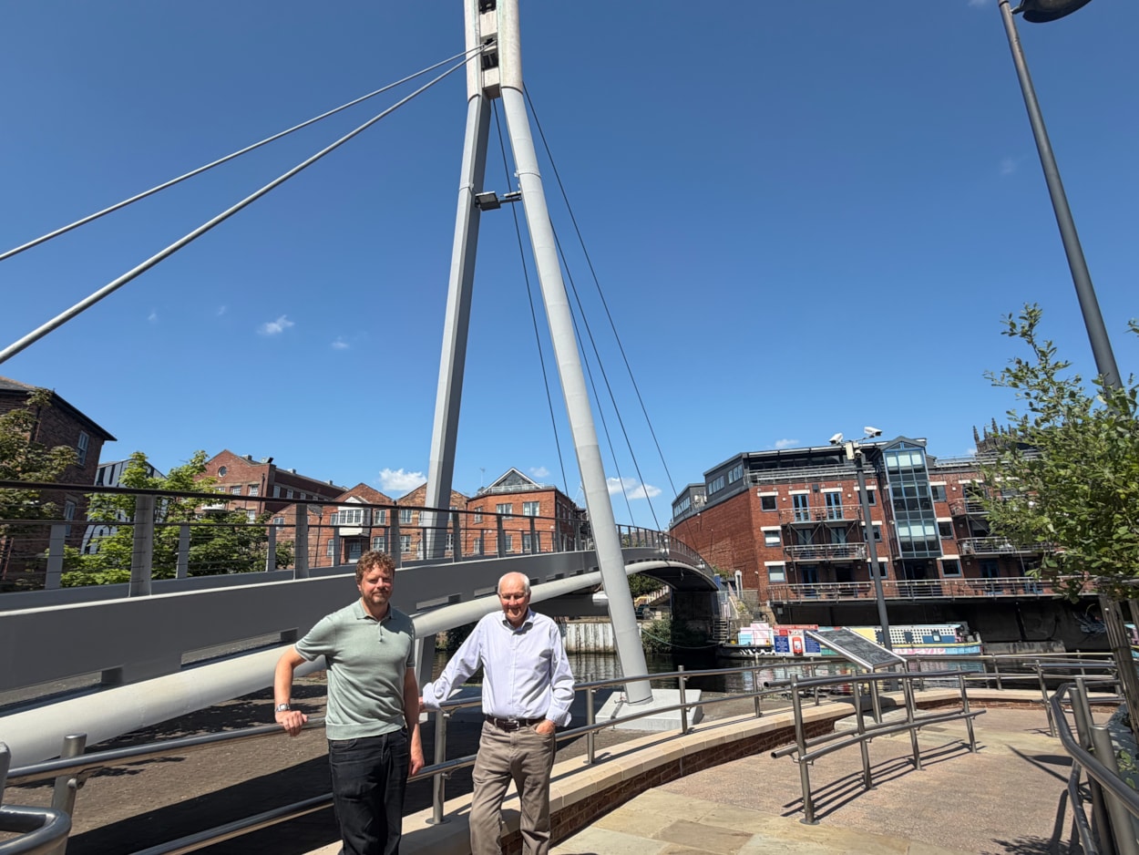Centenary Bridge: This week, Colin Harris, the bridge’s original designer, visited the site to get an up-close look at their work and reminisce about his role in bringing the project to life. Colin (right) was joined by Paul Ellison, Paul Ellison co-chair of the Quality Spaces and Places and Leeds Waterfront Group, who have supported the project.
