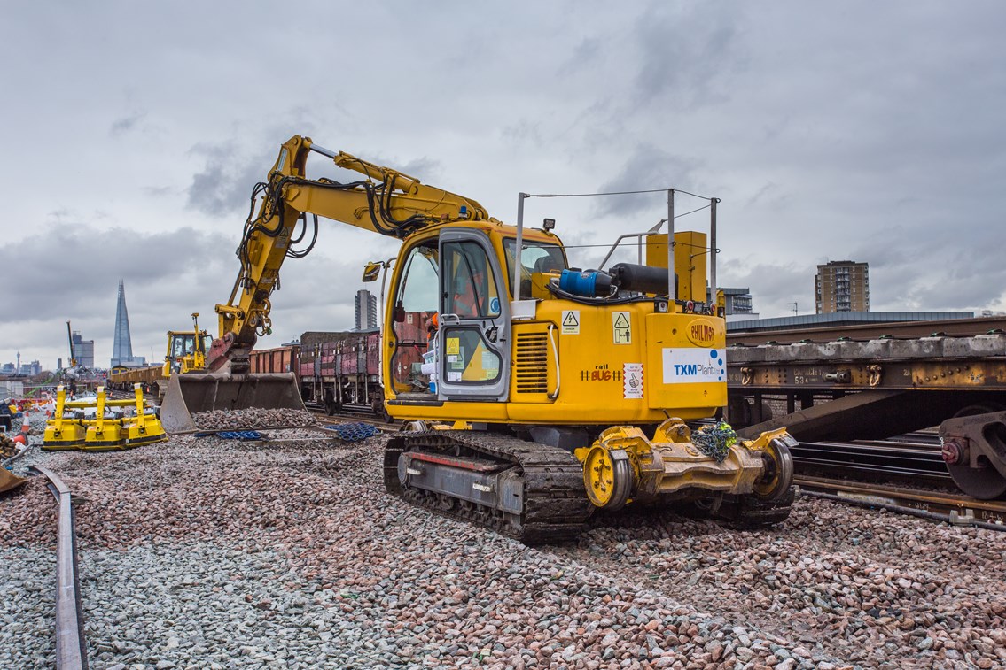 Thameslink april 9, skim dig: Work underway for the Thameslink Programme up on the viaduct at Southwark Park
