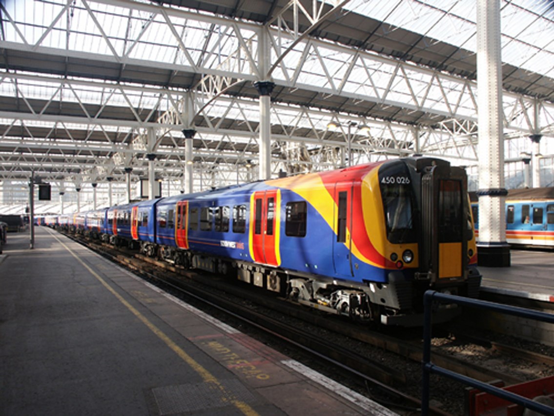 South West Trains: A new Siemens-manufactured South West Trains Desiro train at London Waterloo station, England.