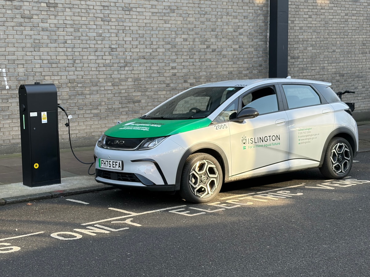 An electric car charging at a charging point in Islington