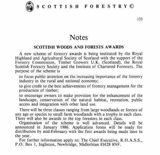 Pic 1 - Announcement of the first awards in the Scottish Forestry journal