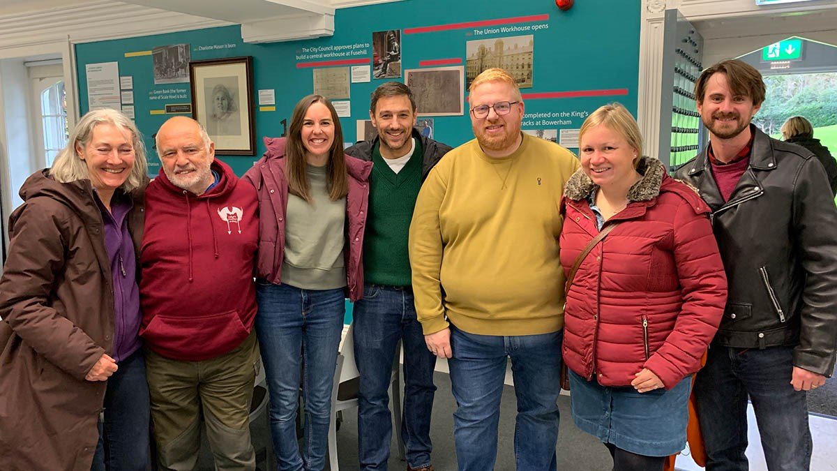 l-r: Jane Robinson, who has worked at the university for almost 20 years, with former Ambleside lecturer John Goodwin, and alumni Becky and Peter Dacre, Blake and Catherine Prince, and Tim Stead.
28 October 2023, Ambleside campus alumni open day
