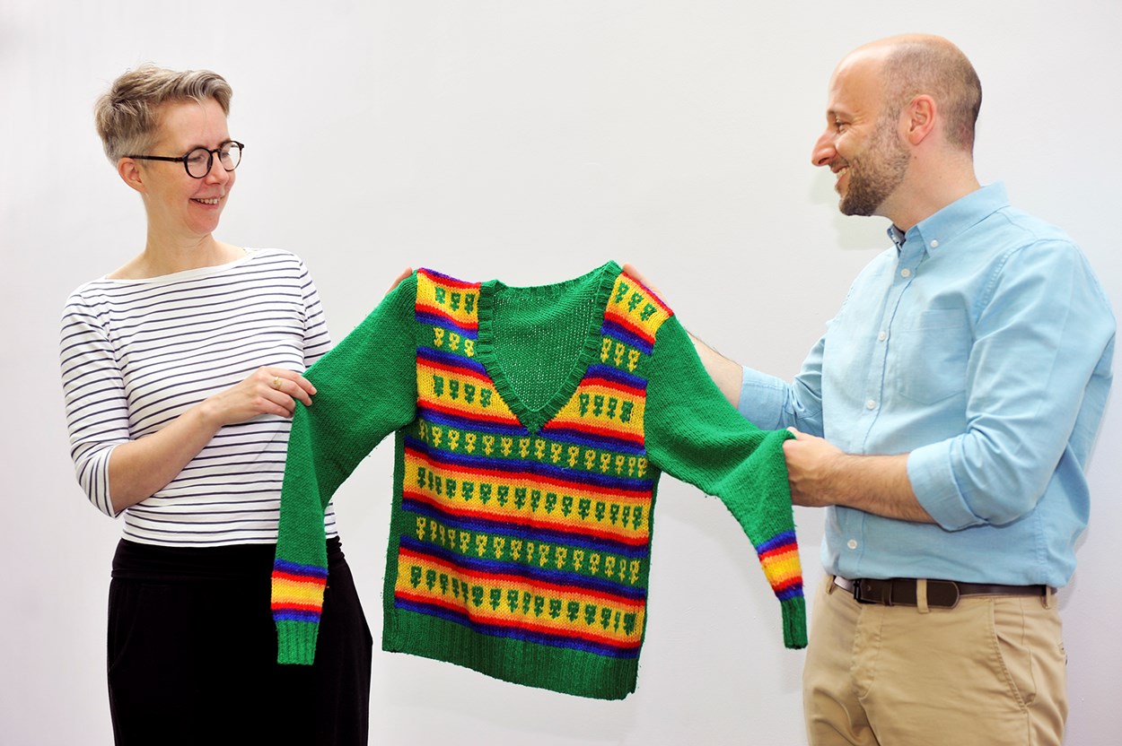 Ray Larman and Ross Horsley a Lesbian Lines knitted jumper credit Dawn Kilner