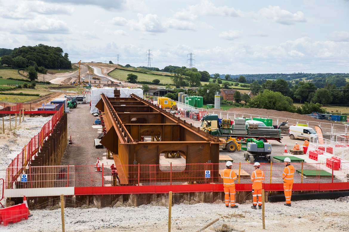 First steel beams arrive for HS2’s low-carbon Wendover viaduct: Wendover Dean steel beam with view south June 2023