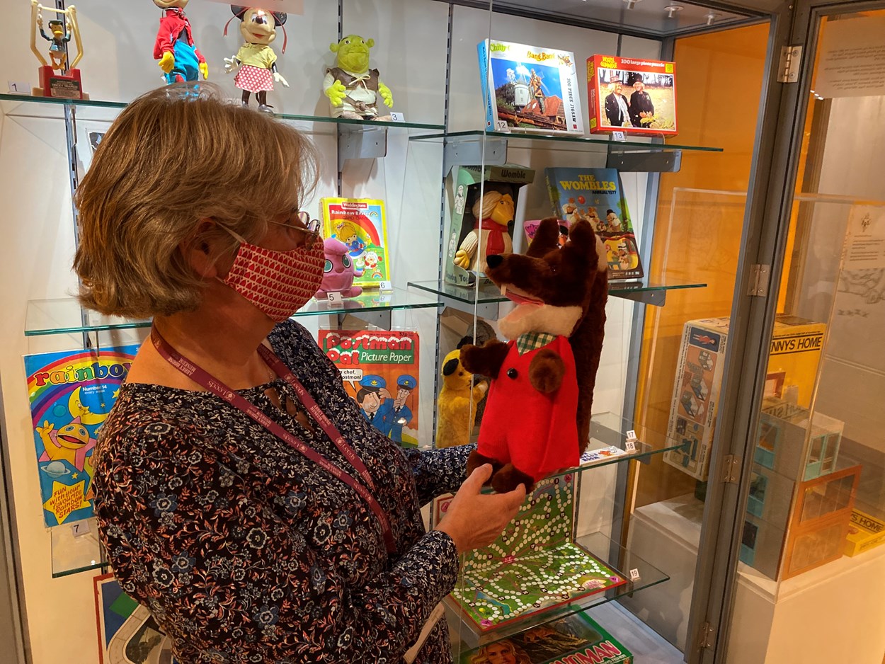 Abbey House toy display: Kitty Ross, Leeds Museums and Galleries curator of social history with a toy based on TV classic character Basil Brush.