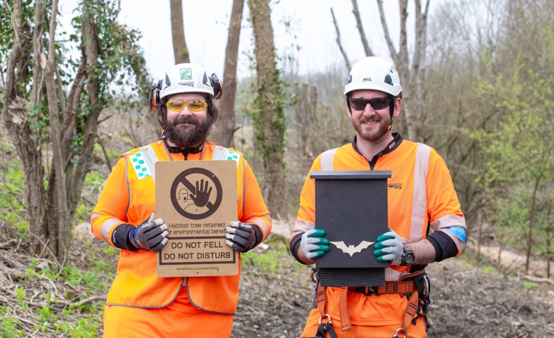 Denham Trees: Arborists Chris Callaghan and ecologist Sam Jones with a bat box and sustainable warning sign.