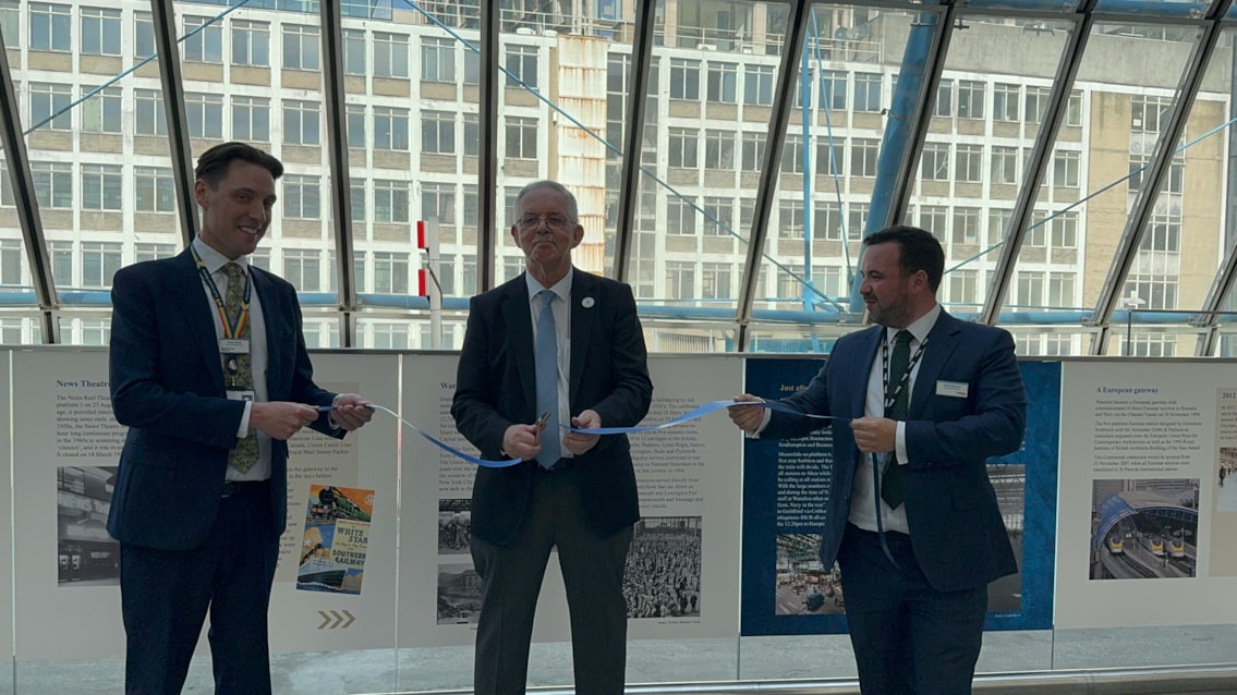 London Waterloo history exhibit finds home in former international station: Mike Lamport cuts the ribbon to officially open the exhibit