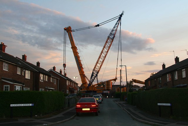 Trent Valley 4 Tracking Project: A 1000 tonne crane prepares to lift out the temporary road bridge at Lichfield Road, Armitage with Handacre