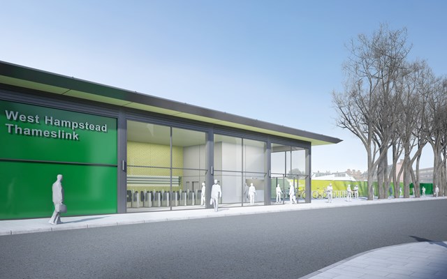 New station building at West Hampstead - Iverson Road: The view of the proposed new station buiding at West Hampstead Thameslink station, from Iverson Road. The new public plaza can be see to the right of the building.