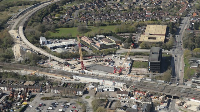 Wide shot showing flyover approach and concrete girders in position at Bletchley - Credit Network Rail Air Operations