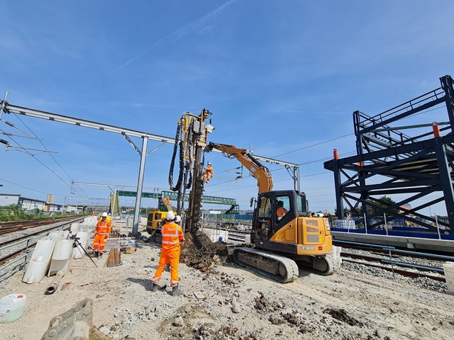 Work ramps up as Network Rail upgrades track and signalling over August Bank Holiday ready to connect Midland Main Line with new Brent Cross West station: Installation of piles on the fast platform at Brent Cross West station, photo credit - Mace