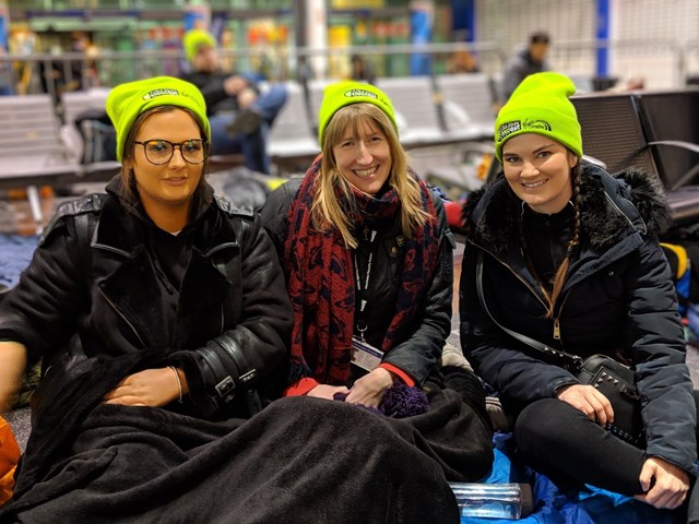 Chloe, Margaret and Beth who took part in the Railway Children sleep out at Manchester Piccadilly
