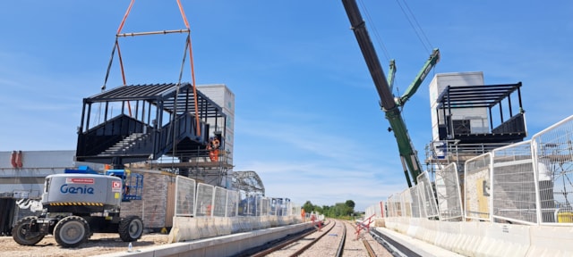 Lifting the footbridge staircases into place at Bristol Brabazon station: Lifting the footbridge staircases into place at Bristol Brabazon station