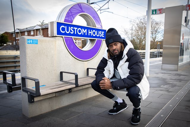 TfL Image - Guvna B at Custom House  station - Elizabeth line station audio guides