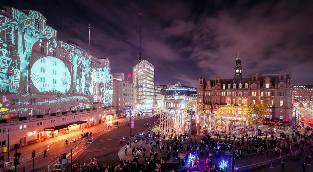 City Square summer: City Square during last October's Light Night Leeds events.
The square, which has been transformed by one of the city’s most ambitious ever transport projects, will be the setting for a brand new Thor’s Tipi bar, monthly artisan market and a line-up of family-friendly activities as well a big screen showing some of the season’s biggest sporting highlights.