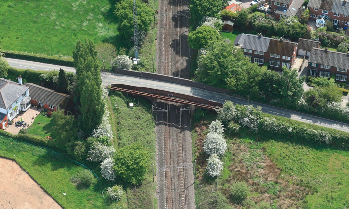 One week until road closed for major railway bridge upgrade in Cheshire: Aerial view of Woodford Road bridge