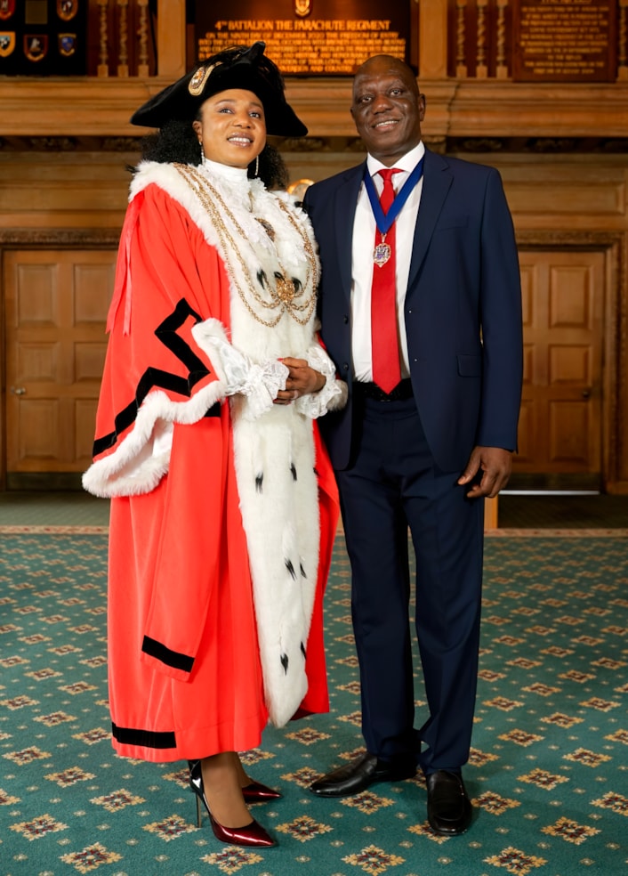Cllr Abigail Marshall Katung Lord Mayor: Cllr Abigail Marshall Katung in the traditional robes and chains of Lord Mayor of Leeds with Lord Mayor Consort, Nigerian Senator Sunday Marshall Katung