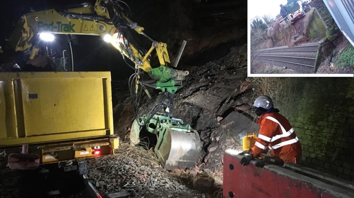 Emergency repairs secure railway after landslip in Kidderminster: Kidderminster landslip composite