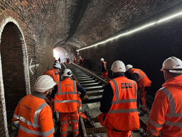 Inside Ryde Tunnel - Engineers inside Ryde Tunnel, where flood water can often reach the roof. Drainage improvements will mean that flood water can drain much quicker, preventing prolonged disruption.: Inside Ryde Tunnel - Engineers inside Ryde Tunnel, where flood water can often reach the roof. Drainage improvements will mean that flood water can drain much quicker, preventing prolonged disruption.