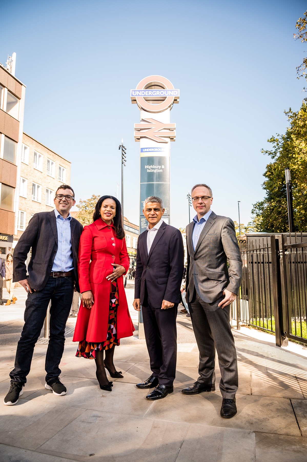 The official launch of the transformed Highbury Corner with (L-R) Will Norman, the Mayor of London's Walking and Cycling Commissioner; Cllr Webbe, Islington Council's executive member for environment and transport; Sadiq Khan, Mayor of London; and Cllr Richard Watts, Leader of Islington Council